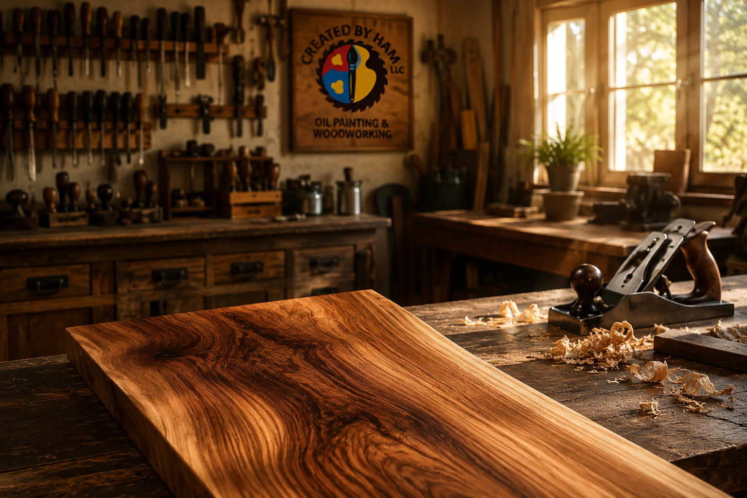 Hand-planed wood cutting board on a workbench in the Created By Ham workshop