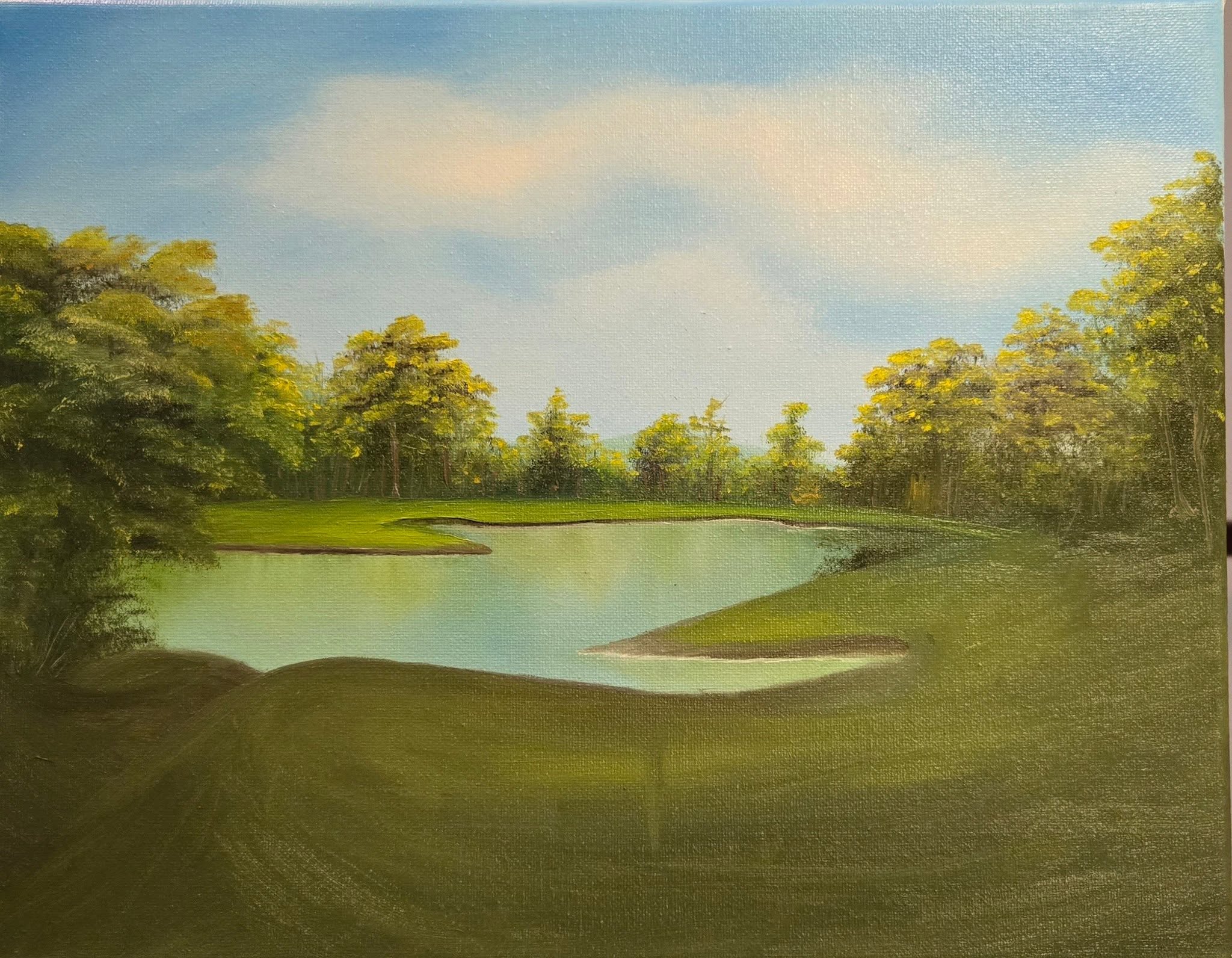 Original oil painting of a golf course pond surrounded by trees