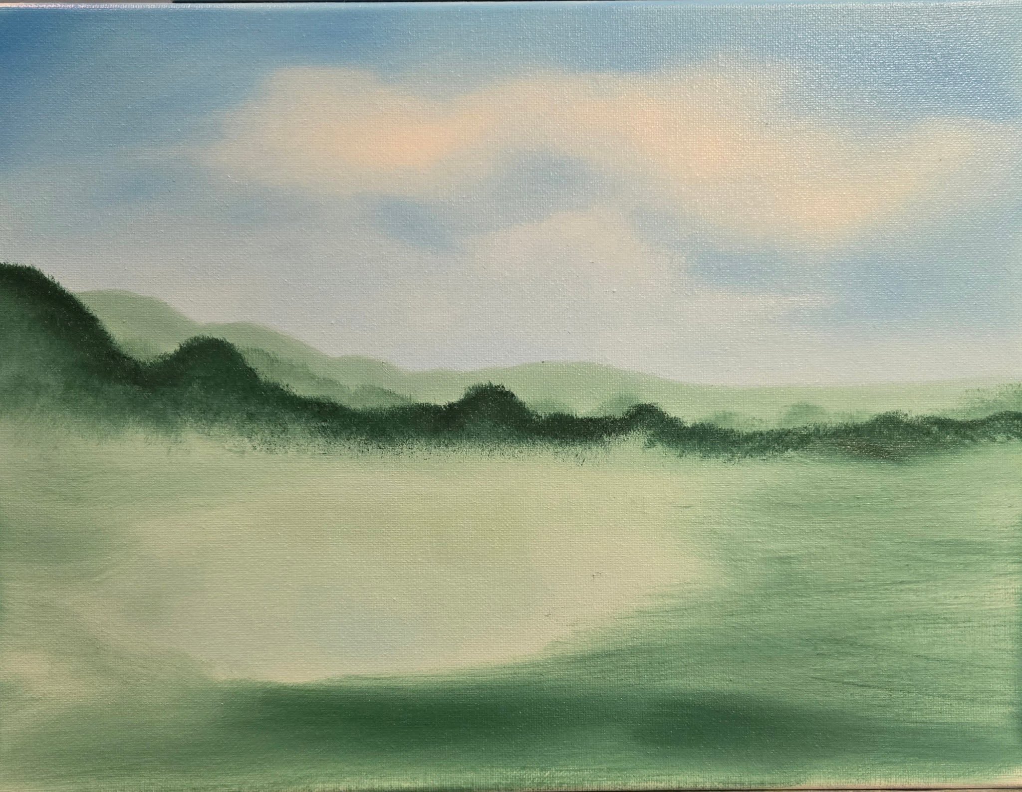 Original oil painting of misty green mountains at dawn