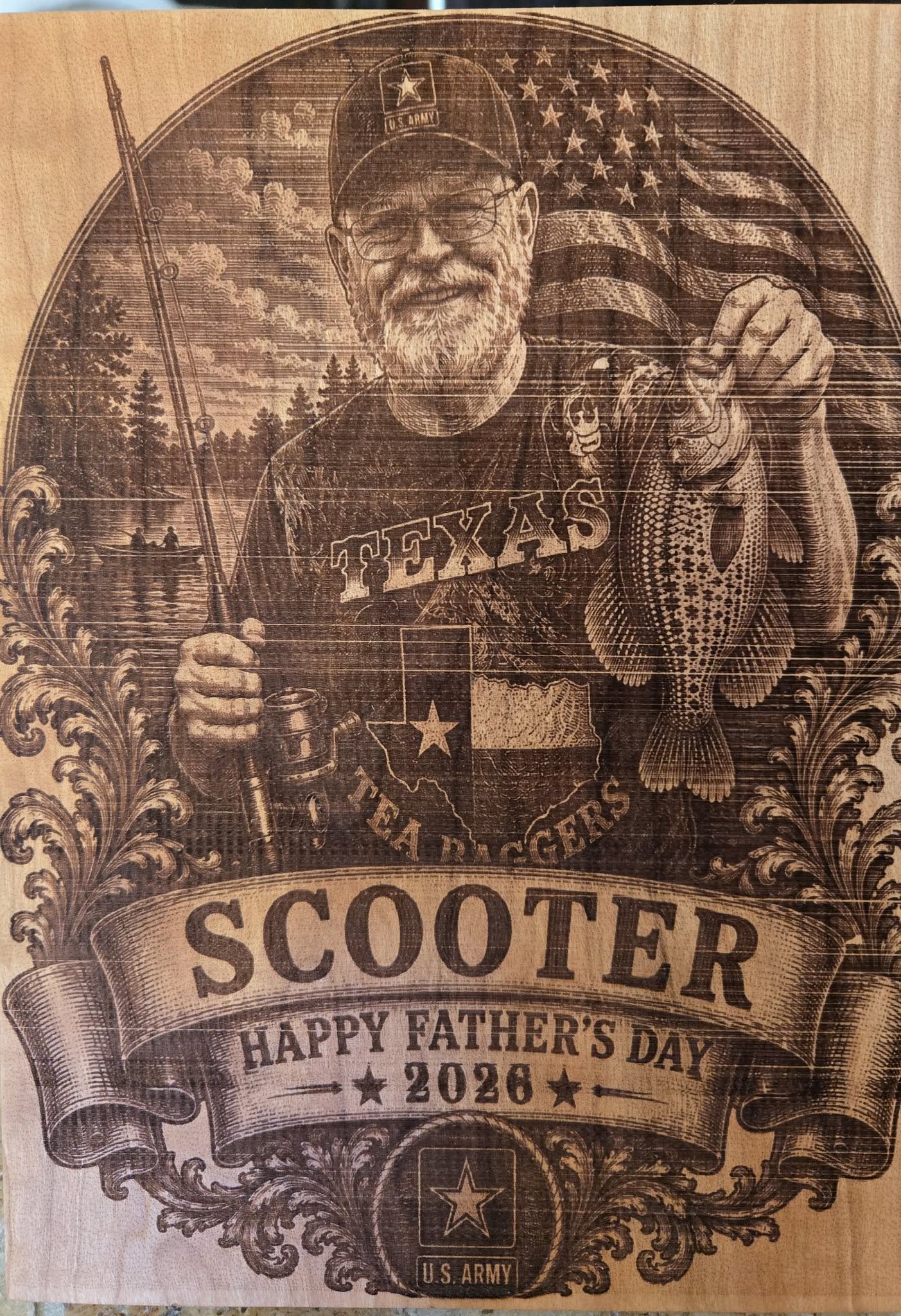 Laser-engraved wood plaque with fishing scene and Texas flag, Happy Father's Day 2026