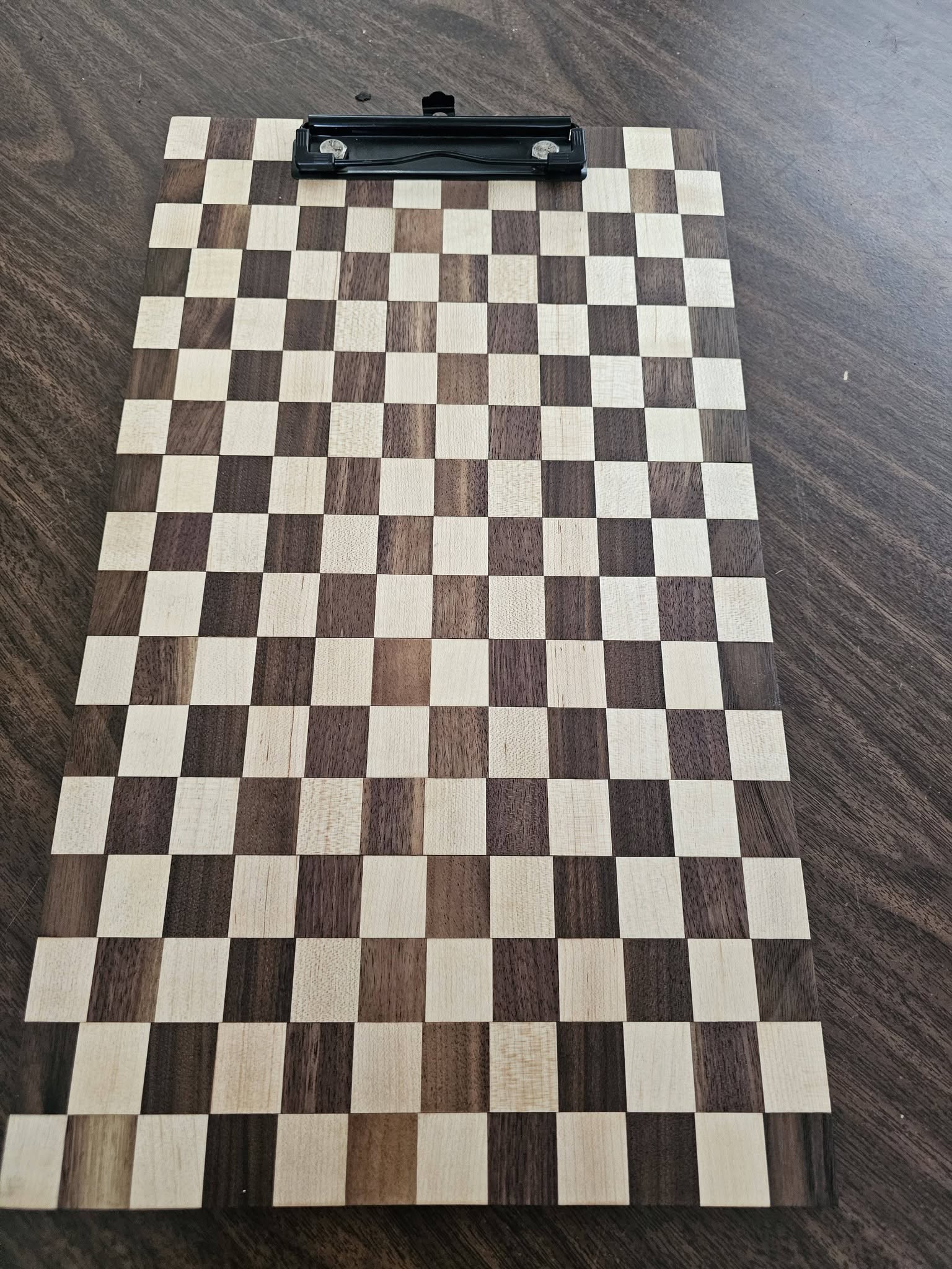 Checkerboard-pattern wood clipboard in walnut and maple